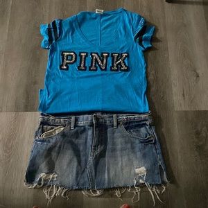 Pink jean skirt and 2 tops